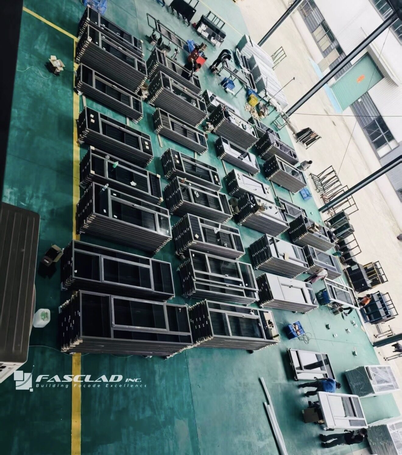 Unitized façade panels staged on the production floor