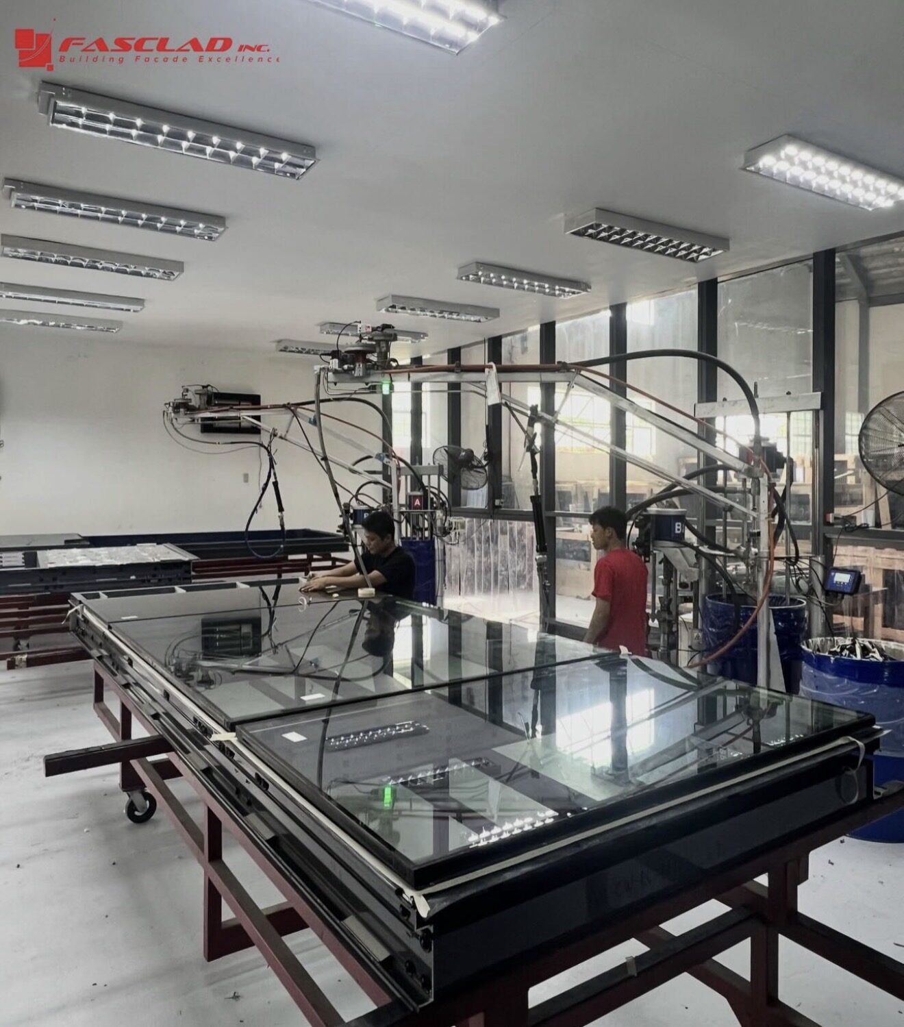 Aluminum and glass façade panels in fabrication